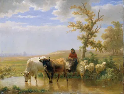 Kühe und Schafe by Edmond Jean-Baptiste Tschaggeny, 1856 — digital art print download