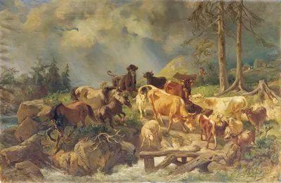 Bergige Landschaft mit Kühen by Франц Ксавер фон Паузингер — digital art print download