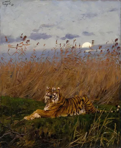 A Tiger Among Rushes In The Moonlight by Геза Вастаг — digital art print download