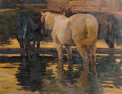 Pferde in der Schwemme by Hans von Hayek, 1900 — digital art print download