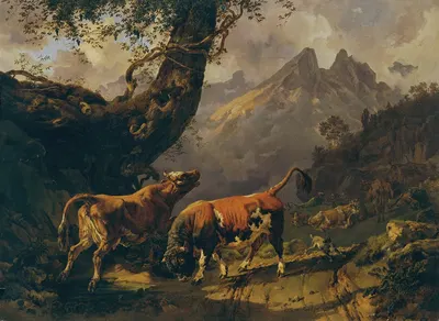 Stier, eine Kuh verfolgend, im Hintergrund Landschaft bei Carrara by Иоганн Непомук Раух, 1832 — digital art print download