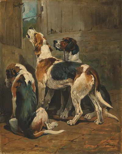 Foxhounds at a kennel door by Джон Эмс — digital art print download