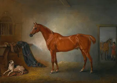Lord Henry Bentinck's Chestnut Hunter Firebird And Policy, A Foxhound, In A Loose Box by Джон Фернли, 1845 — digital art…