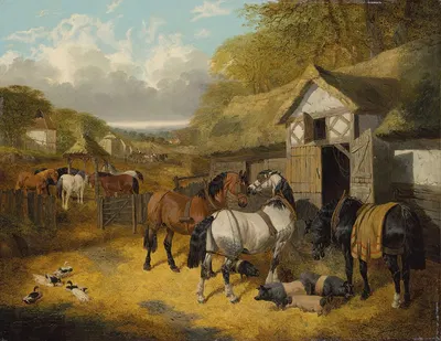 Horses, pigs and ducks in a farmyard by John Frederick Herring Jr., 1853 — digital art print download