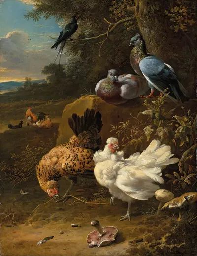 Chickens and pigeons in a landscape by Мельхиор д'Ондекайтер — digital art print download