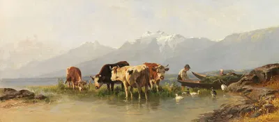 Bauer und Bäuerin mit Gänsen und Kühen am Achensee by Кристиан Фридрих Мали, 1887 — digital art print download