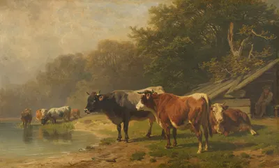 Rinder am Seeufer by Фридрих Вольц, 1882 — digital art print download