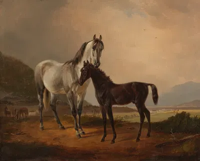 Stute mit Fohlen vor weiter Hügellandschaft by Фридрих Вольц, 1845 — digital art print download
