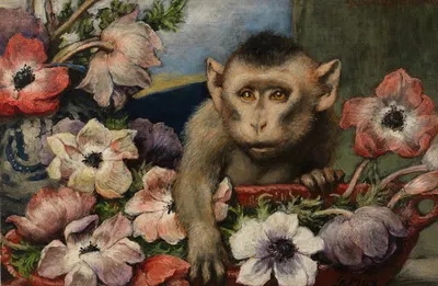Geburtstagsblumen (Affe mit Anemonen) by Gabriel von Max, 1890 — digital art print download
