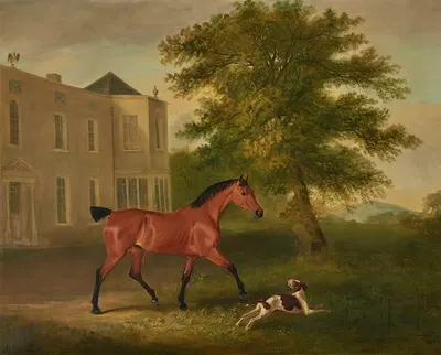 A chestnut horse and a hound outside Humewood Manor, co. Wicklow by Джон Фернли, 1809 — digital art print download