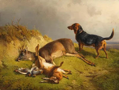 Erlegtes Wild und Jagdhund by Людвиг Густав Вольц — digital art print download