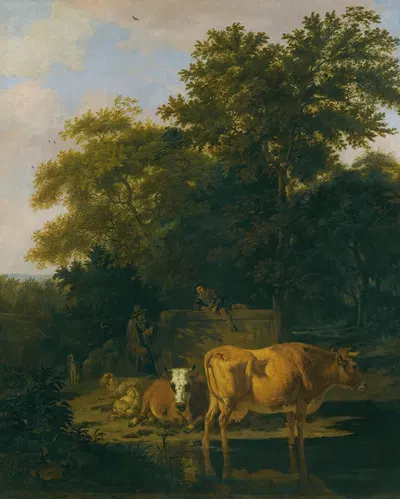 A wooded landscape at dusk, with two herdsmen a dog, sheep and cattle by Адриан ван де Вельде, 1650 — digital art print…