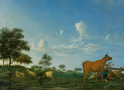 A cow, sheep and goats in a meadow with a shepherd asleep by Адриан ван де Вельде — digital art print download