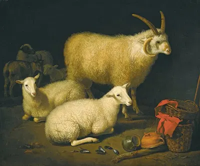 A barn interior with a four-horned ram and four ewes, and a goat, with a still life of a basket and upturned pots to the…