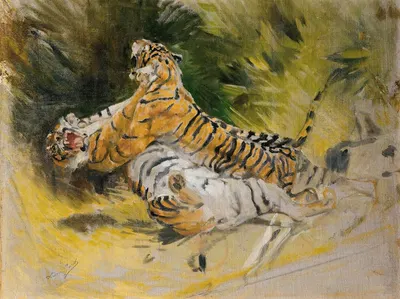 Two tigers fighting by Эмиль Моро — digital art print download