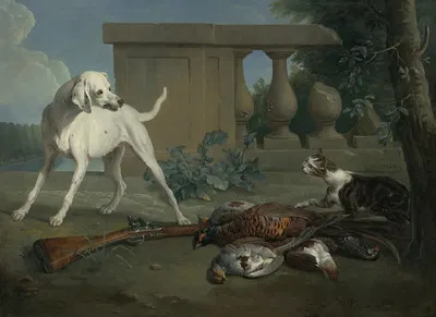 A Hound Protecting A Bag Of Game From A Cat by Александр Франсуа Деспор, 1724 — digital art print download