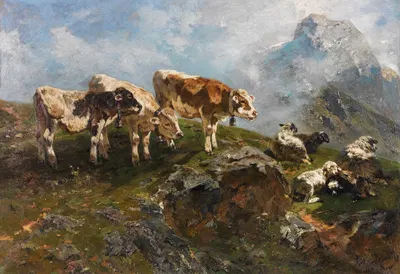 Kälber und Schafe im Hochgebirge by Антон Брайт, 1904 — digital art print download