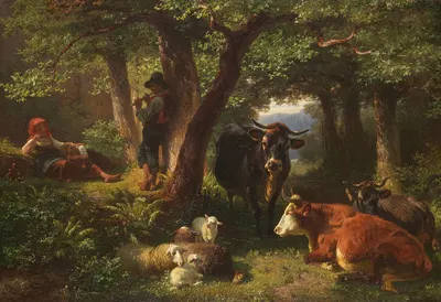 Hirtenkinder im Wald mit Kühen und Schafen by Фридрих Вольц — digital art print download