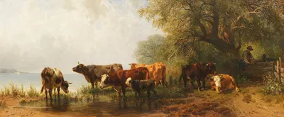 Kühe an einem See by Фридрих Вольц, 1870 — digital art print download