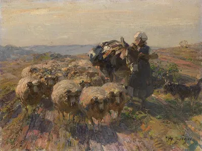 Schafherde mit Hirtin und Esel auf dem Feld by Heinrich Von Zügel, 1925 — digital art print download