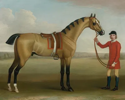 Cato, A Bay Racehorse, With A Groom In A Landscape by Джеймс Сеймур, 1750 — digital art print download