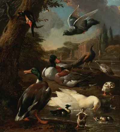 A peacock, pigeon, ducks and other birds in a garden setting by Мельхиор д'Ондекайтер — digital art print download