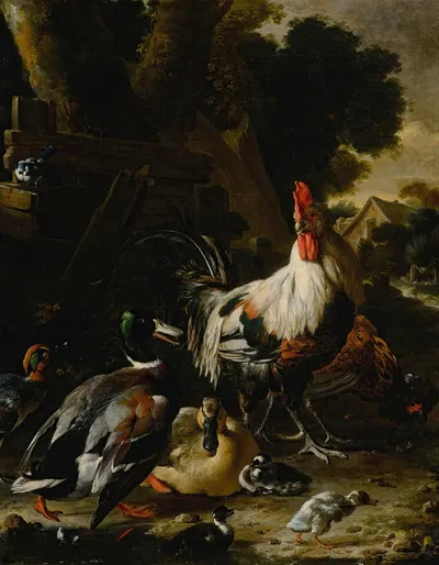 Ducks, hens and other fowl in a yard by Мельхиор д'Ондекайтер — digital art print download