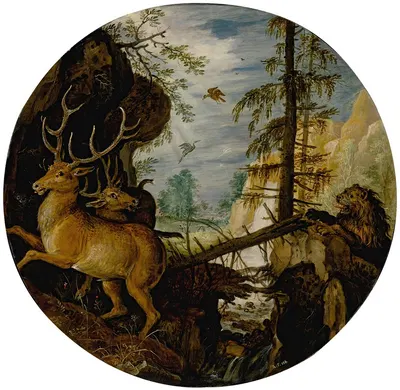 A lion hunting two deer by Роелант Савери — digital art print download