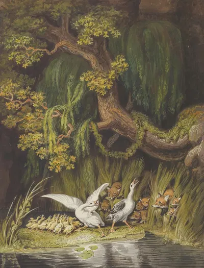 A Goose and a Gander with their Goslings Honking in Alarm as Two Foxes with their Cubs Emerge from the Rushes by Johann…