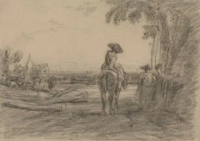 Woman on a Horse with Two Standing Women Overlooking a Landscape by Сэр Август Уолл Колкотт — digital art print download