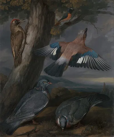 Jay, Green Woodpecker, Pigeons, and Redstart Landscape with a Green Woodpecker, a Jay, Two Pigeons, a Redstart, a Lizard…