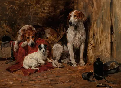 Hounds and a Jack Russell in a stable by Джон Эмс — digital art print download