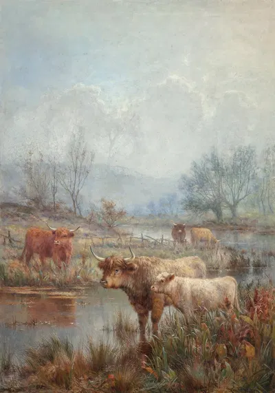 A misty morning, Scotch cattle by Луис Босворт Херт — digital art print download