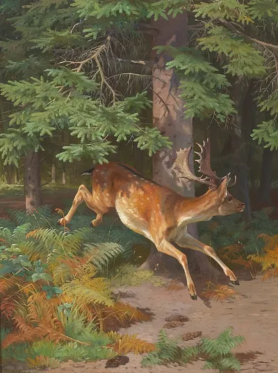 Skovparti med kronvildt i en lysning by Адольф Маккепранг — digital art print download