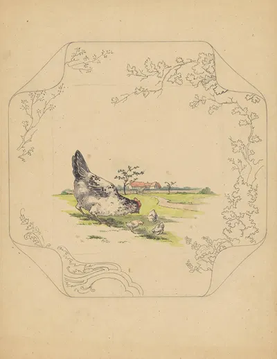 Ontwerp voor bord van het model ‘Square’ met een hen en drie kuikens by Albert Louis Dammouse — digital art print download