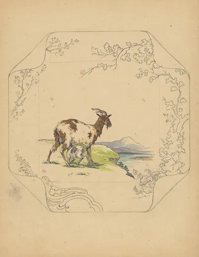 Ontwerp voor bord van het model ‘Square’ met een zogende geit by Albert Louis Dammouse — digital art print download