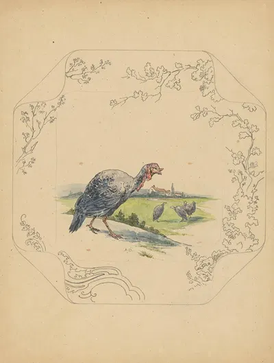 Ontwerp voor bord van het model ‘Square’ met kalkoenen by Albert Louis Dammouse — digital art print download