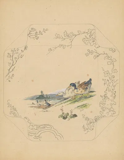 Ontwerp voor bord van het model ‘Square’ met zes ganzen by Albert Louis Dammouse — digital art print download