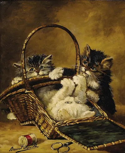Three Kittens Playing in a Sewing Basket by Артур-Алфред Брунель де Нёвиль — digital art print download