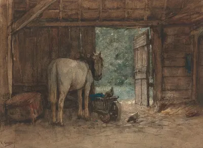 Paard in een stal bij een open staldeur by Anton Mauve — digital art print download