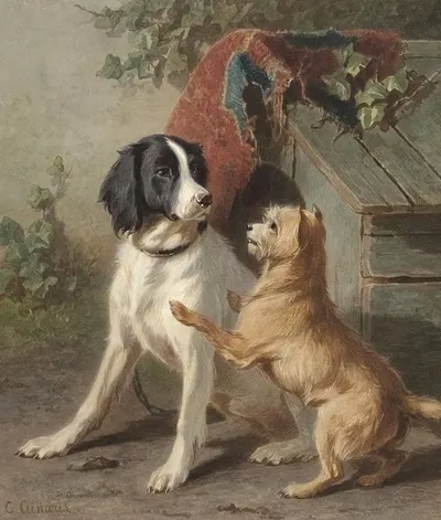 Twee honden bij een hok by Conradijn Cunaeus, 1838 - 1895 — digital art print download