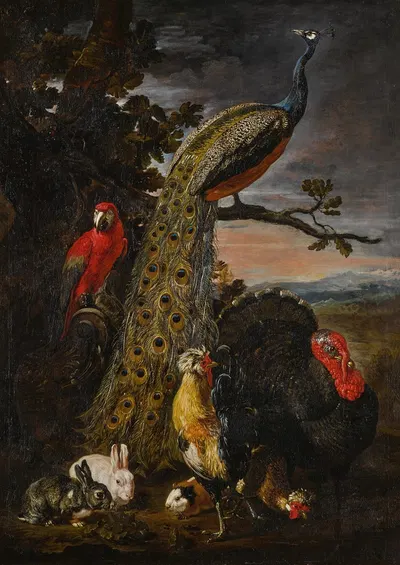 Landscape with a peacock, parrot, chicken, turkey, two rabbits and a guinea-pig by David de Coninck — digital art print…