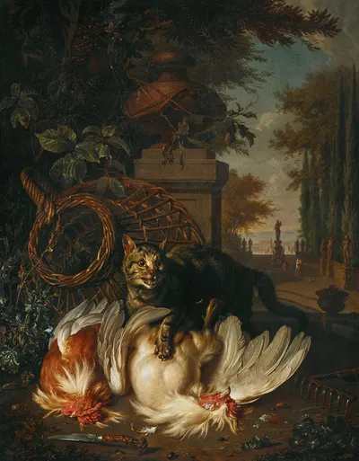 A cat attacking chickens by a basket, a rake and a knife by Dirk Valkenburg — digital art print download
