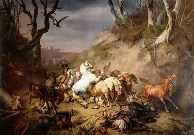 Hungry Wolves Attacking a Party of Riders by Южен Жозеф Вербокховен, 1836 — digital art print download