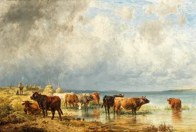 A herd of cattle near a Lake by Фридрих Вольц, 1872 — digital art print download