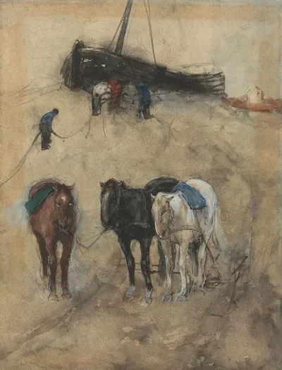 Paarden op het strand, op de achtergrond een schuit en vissers by George Hendrik Breitner — digital art print download