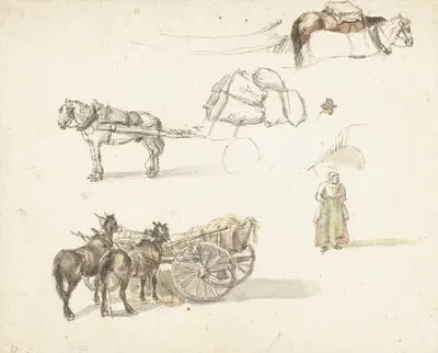 Enkele studies van karren en een staande boerin by Гиллис Нейтс, 1633 - 1687 — digital art print download