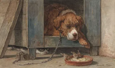 Kat bespiedt vogels bij een slapende hond by Анриэтта Роннер-Книп, 1831 - 1909 — digital art print download