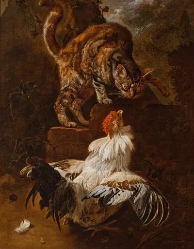 Fight of a Cock and a Cat by Jacobus Victors, 1674 — digital art print download