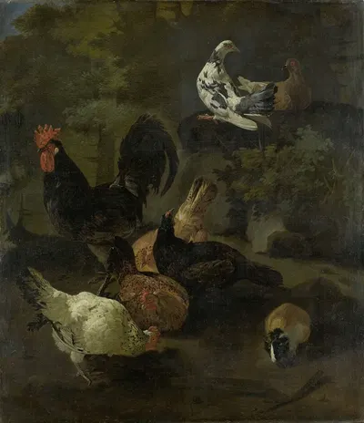 A Cock, Hens, Doves, and a Marmot by Jacomo Victors, 1674 — digital art print download